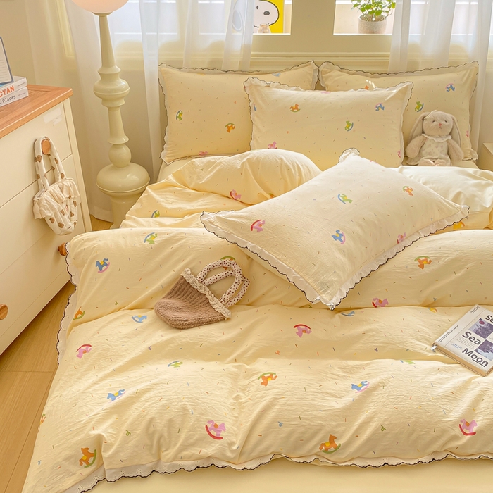 91家纺网 家纺一手货源 找家纺 豫见家纺 2026新款A类仿棉云感纱花边四件套 浪漫花叙