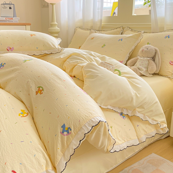 豫见家纺 2026新款A类仿棉云感纱花边四件套 浪漫花叙