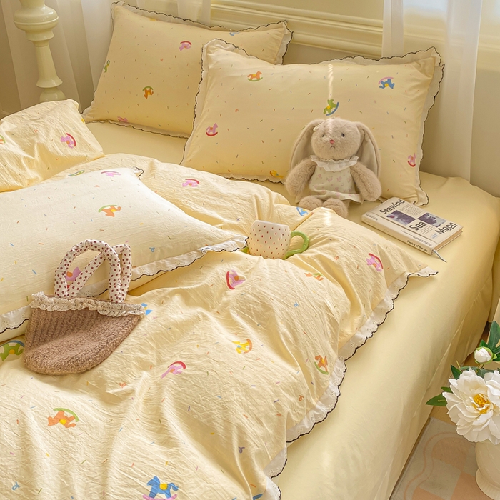 91家纺网 家纺一手货源 找家纺 豫见家纺 2026新款A类仿棉云感纱花边四件套 浪漫花叙