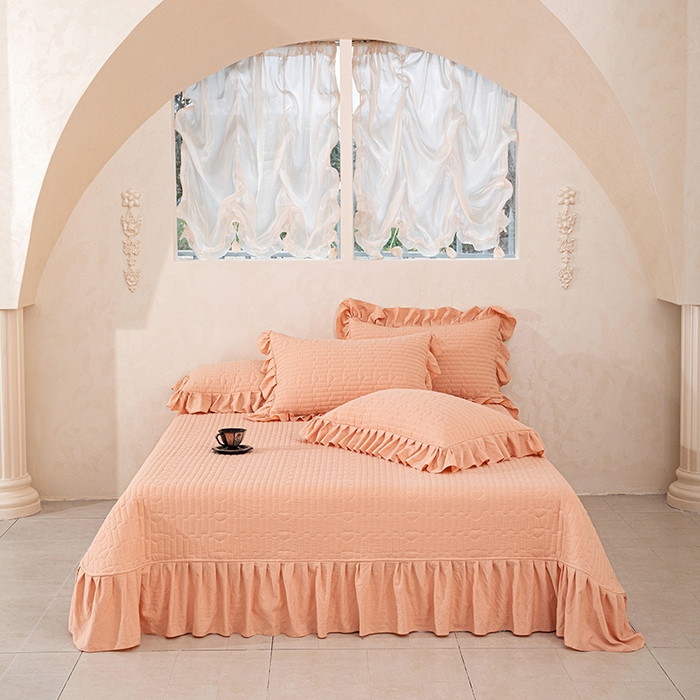 91家纺网 家纺一手货源 找家纺 红夫人 2026新款春夏韩版床盖款多功能夏被床盖四件套--粉黛 粉黛-桔色