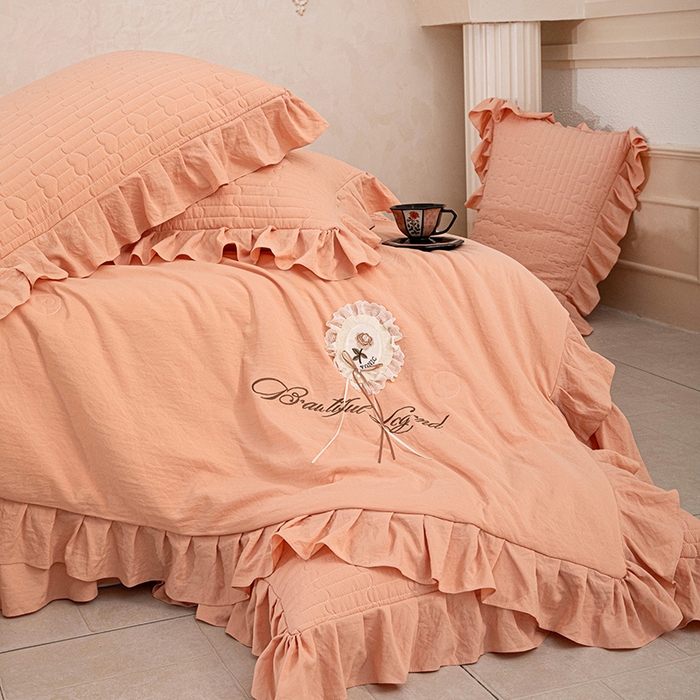 91家纺网 家纺一手货源 找家纺 红夫人 2026新款春夏韩版床盖款多功能夏被床盖四件套--粉黛 粉黛-桔色