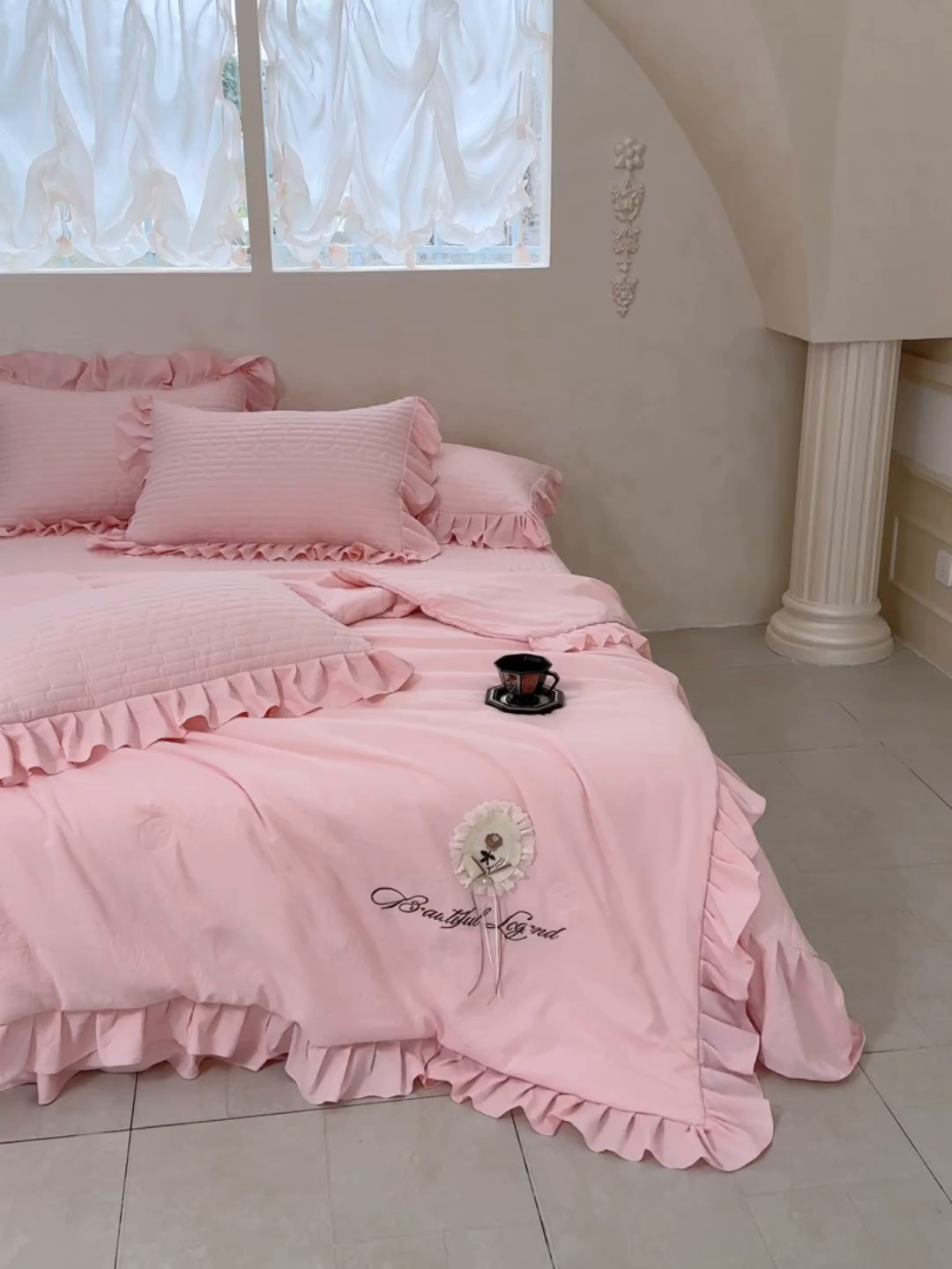 91家纺网 家纺一手货源 找家纺 红夫人 2026新款春夏韩版床盖款多功能夏被床盖四件套--粉黛 粉黛-豆沙