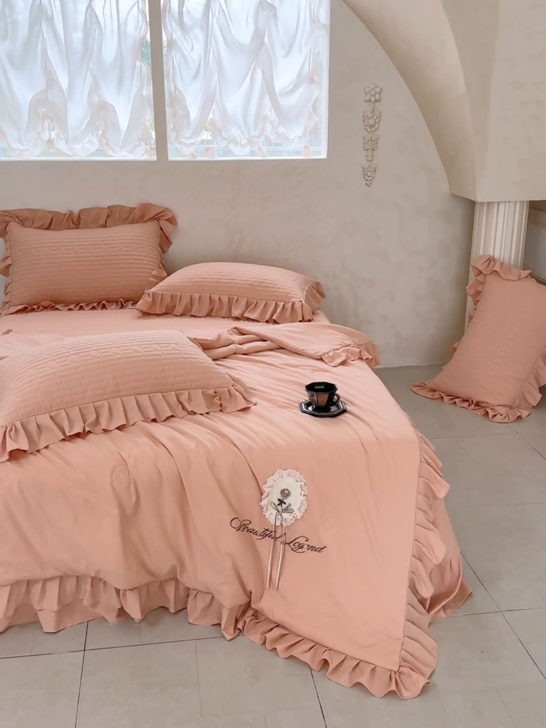 91家纺网 家纺一手货源 找家纺 红夫人 2026新款春夏韩版床盖款多功能夏被床盖四件套--粉黛 粉黛-桔色