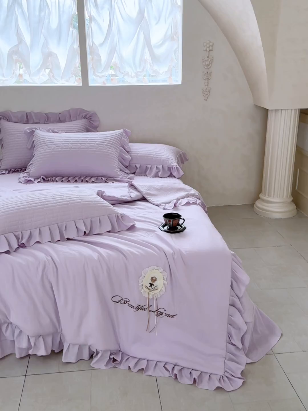 91家纺网 家纺一手货源 找家纺 红夫人 2026新款春夏韩版床盖款多功能夏被床盖四件套--粉黛 粉黛-紫色