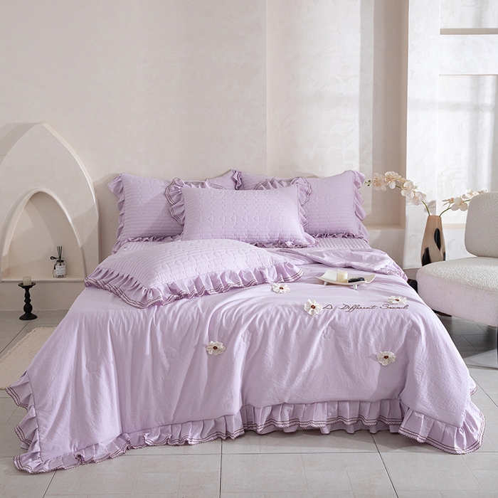 91家纺网 家纺一手货源 找家纺 红夫人 2026新款春夏韩版床盖款多功能夏被床盖四件套--花絮 浅紫