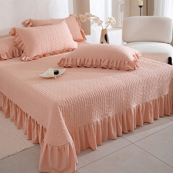 91家纺网 家纺一手货源 找家纺 红夫人 2026新款春夏韩版床盖款多功能夏被床盖四件套--花絮 奶桔色