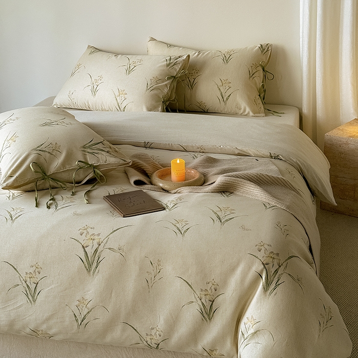 91家纺网 家纺一手货源 找家纺 Mr.pig猪先生水洗棉 2026新款A类棉麻四件套中古风全棉纯棉亚麻被套床单轻奢高档床上用品（供货价联系门市，展示价格为控价） 花韵玉兰