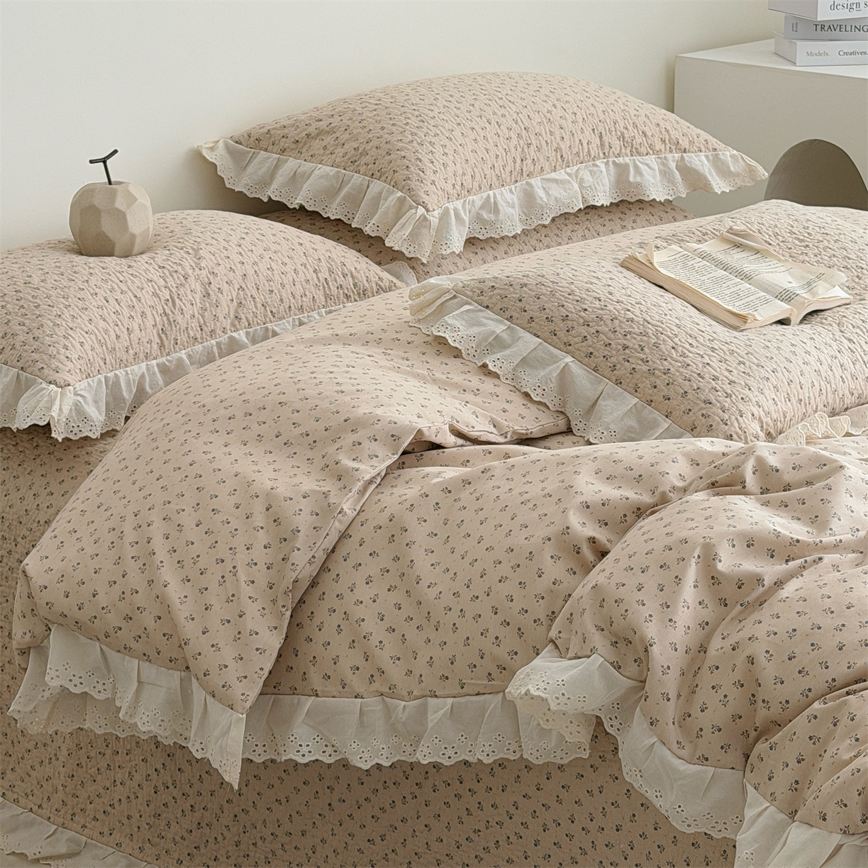 91家纺网 家纺一手货源 找家纺 佰织鑫家居 2026新款全棉法式砂洗棉花床盖款被套四件套 美拉德