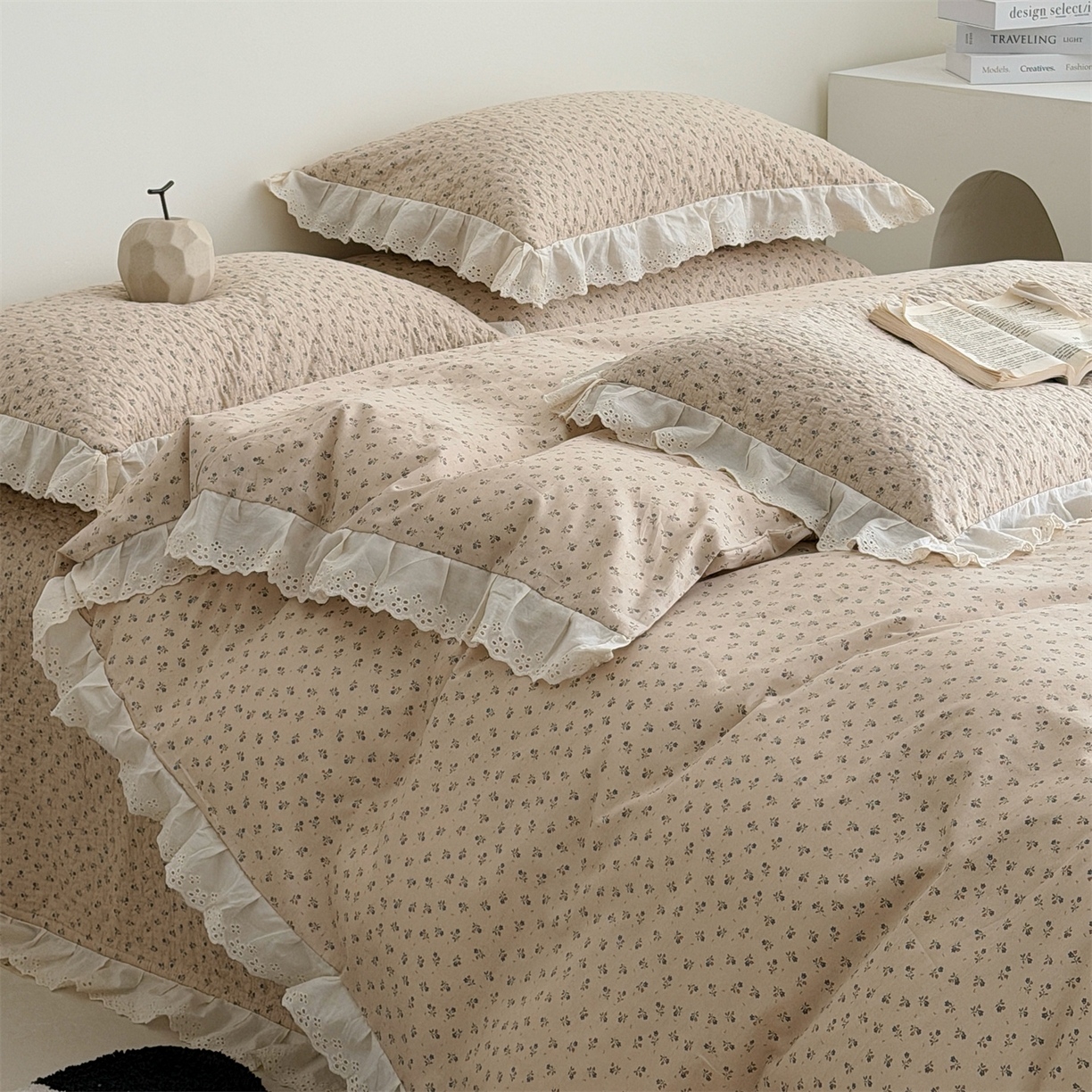 91家纺网 家纺一手货源 找家纺 佰织鑫家居 2026新款全棉法式砂洗棉花床盖款被套四件套 美拉德