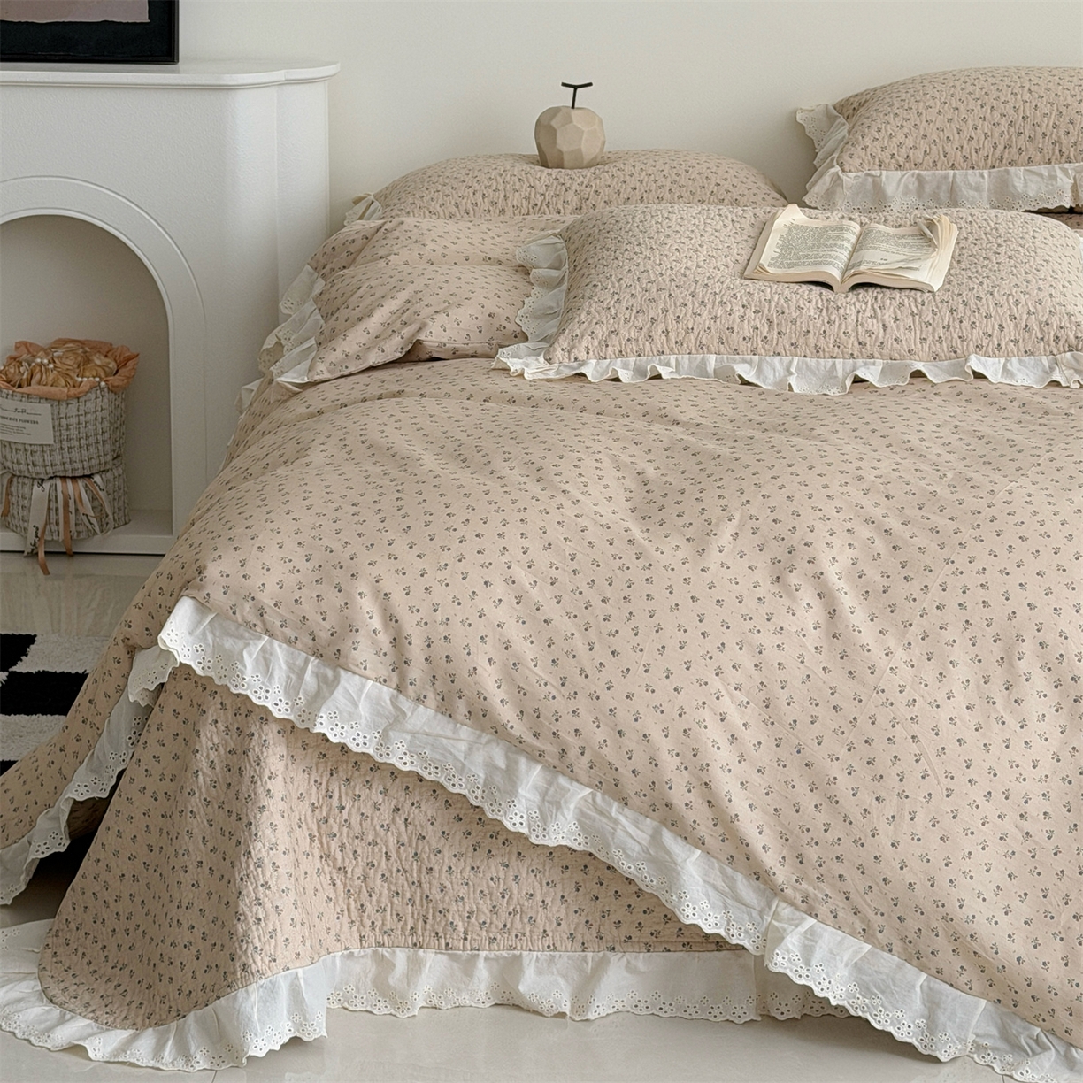 91家纺网 家纺一手货源 找家纺 佰织鑫家居 2026新款全棉法式砂洗棉花床盖款被套四件套 美拉德