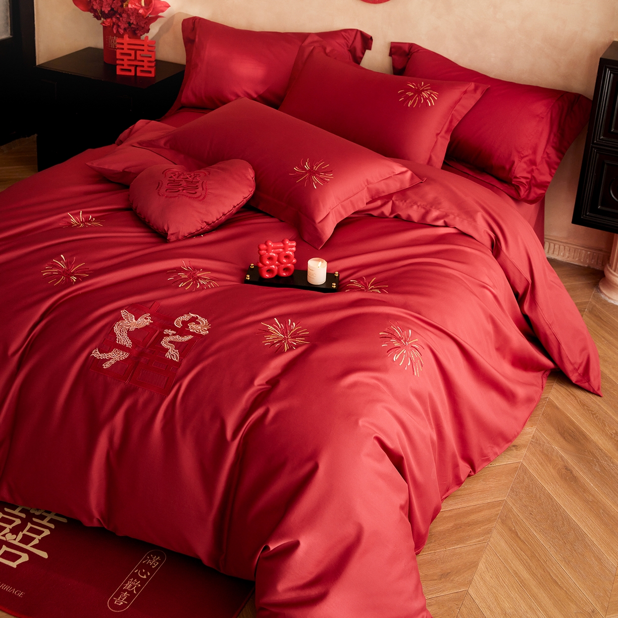 91家纺网 家纺一手货源 找家纺 （总）沐珩家纺 2026新款100S长绒棉贡缎刺绣四件套-烟火印迹