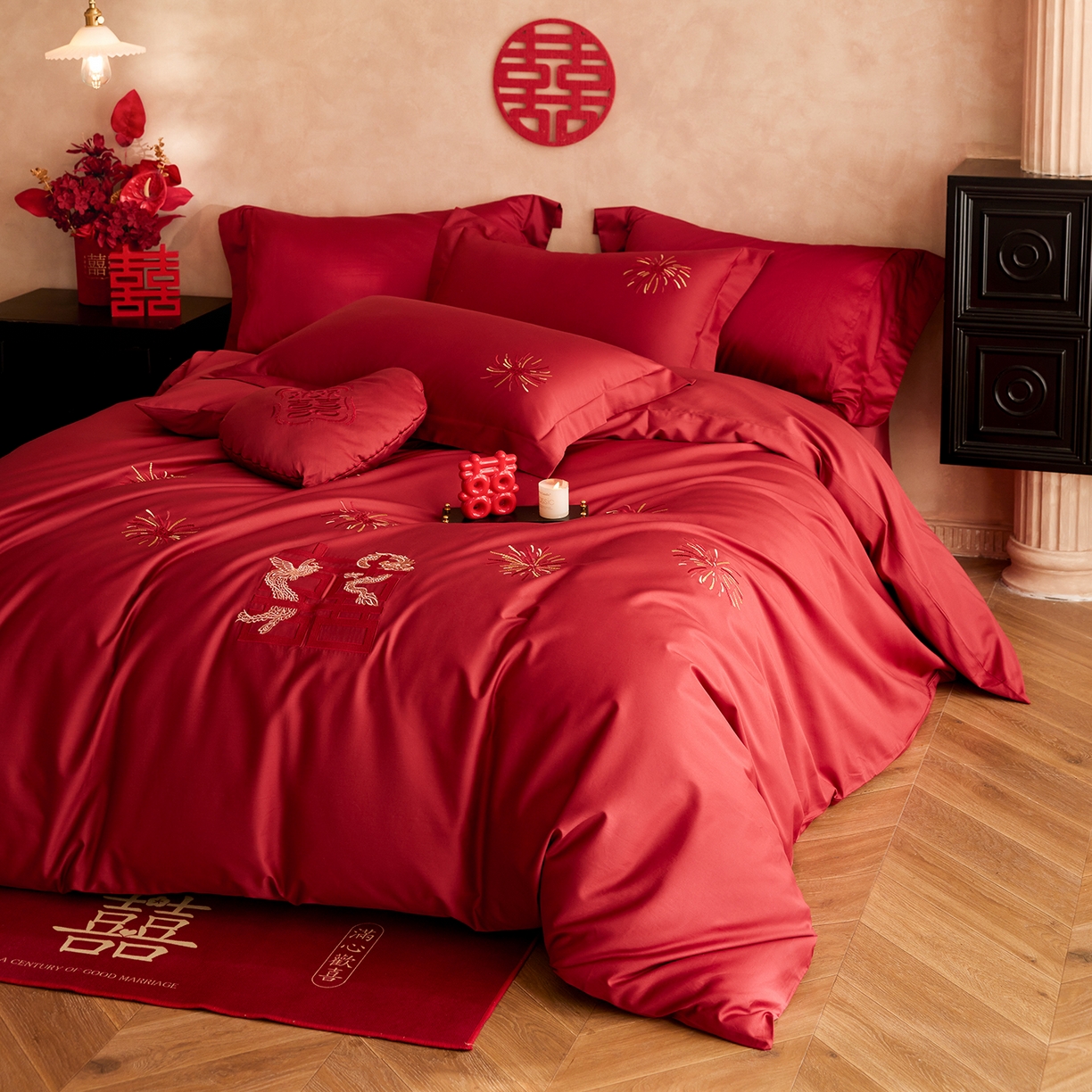 91家纺网 家纺一手货源 找家纺 （总）沐珩家纺 2026新款100S长绒棉贡缎刺绣四件套-烟火印迹