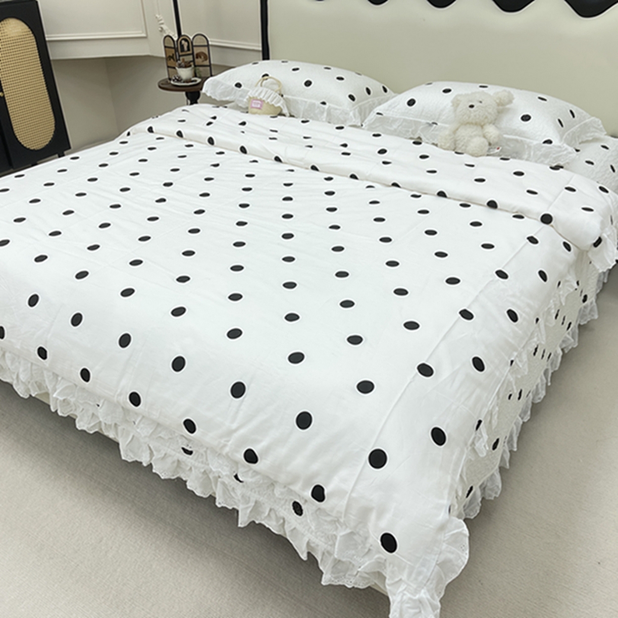 91家纺网 家纺一手货源 找家纺 禧瑞谷 2026新款法式纯棉床盖韩版花边床盖三件套四件套 白底波点