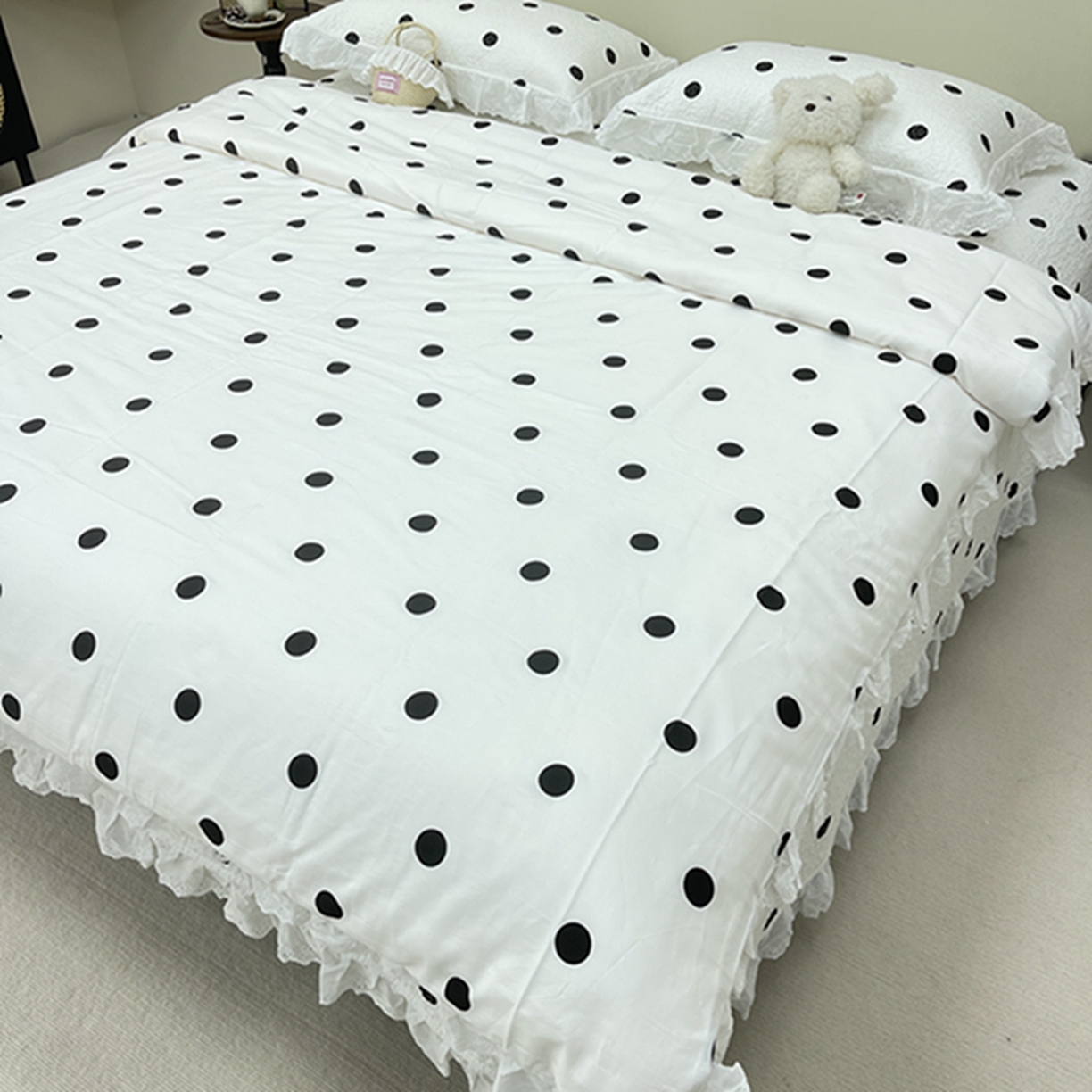 91家纺网 家纺一手货源 找家纺 禧瑞谷 2026新款法式纯棉床盖韩版花边床盖三件套四件套 白底波点