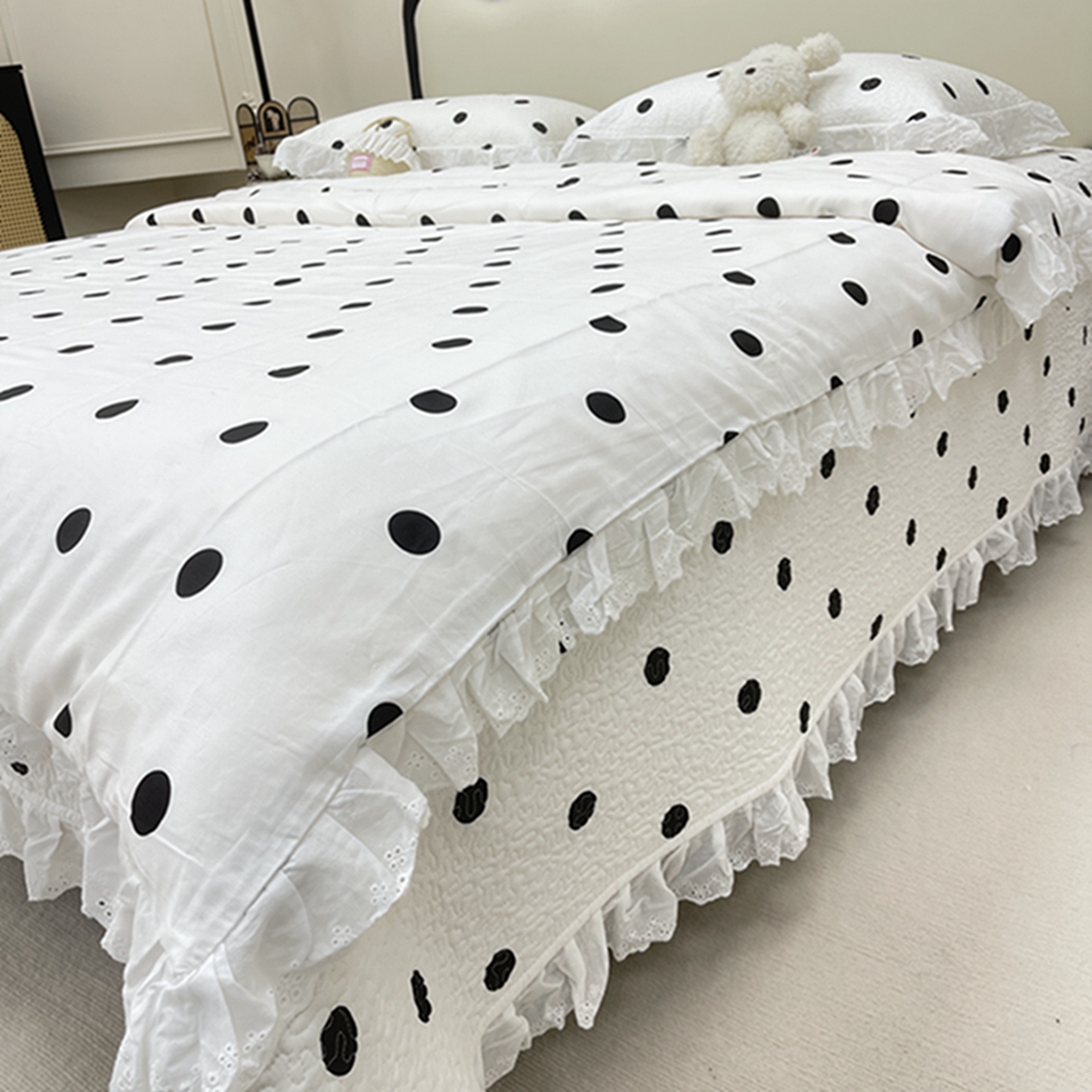91家纺网 家纺一手货源 找家纺 禧瑞谷 2026新款法式纯棉床盖韩版花边床盖三件套四件套 白底波点