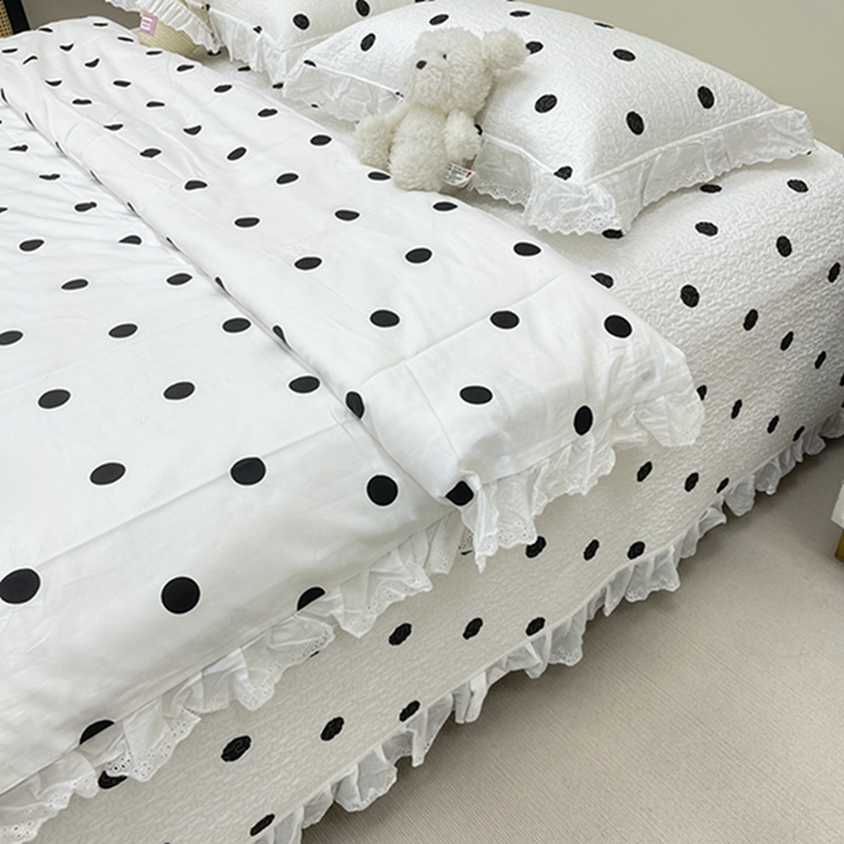 91家纺网 家纺一手货源 找家纺 禧瑞谷 2026新款法式纯棉床盖韩版花边床盖三件套四件套 白底波点