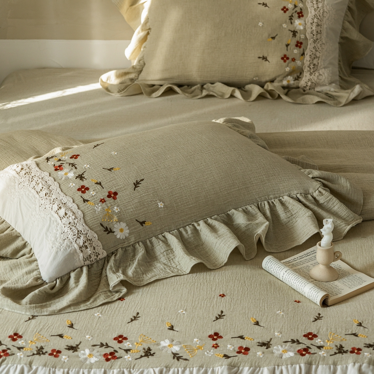 91家纺网 家纺一手货源 找家纺 觅糖家纺 2026春夏新款棉麻皱皱纱布毛巾绣四件套-清欢系列 清欢-绿