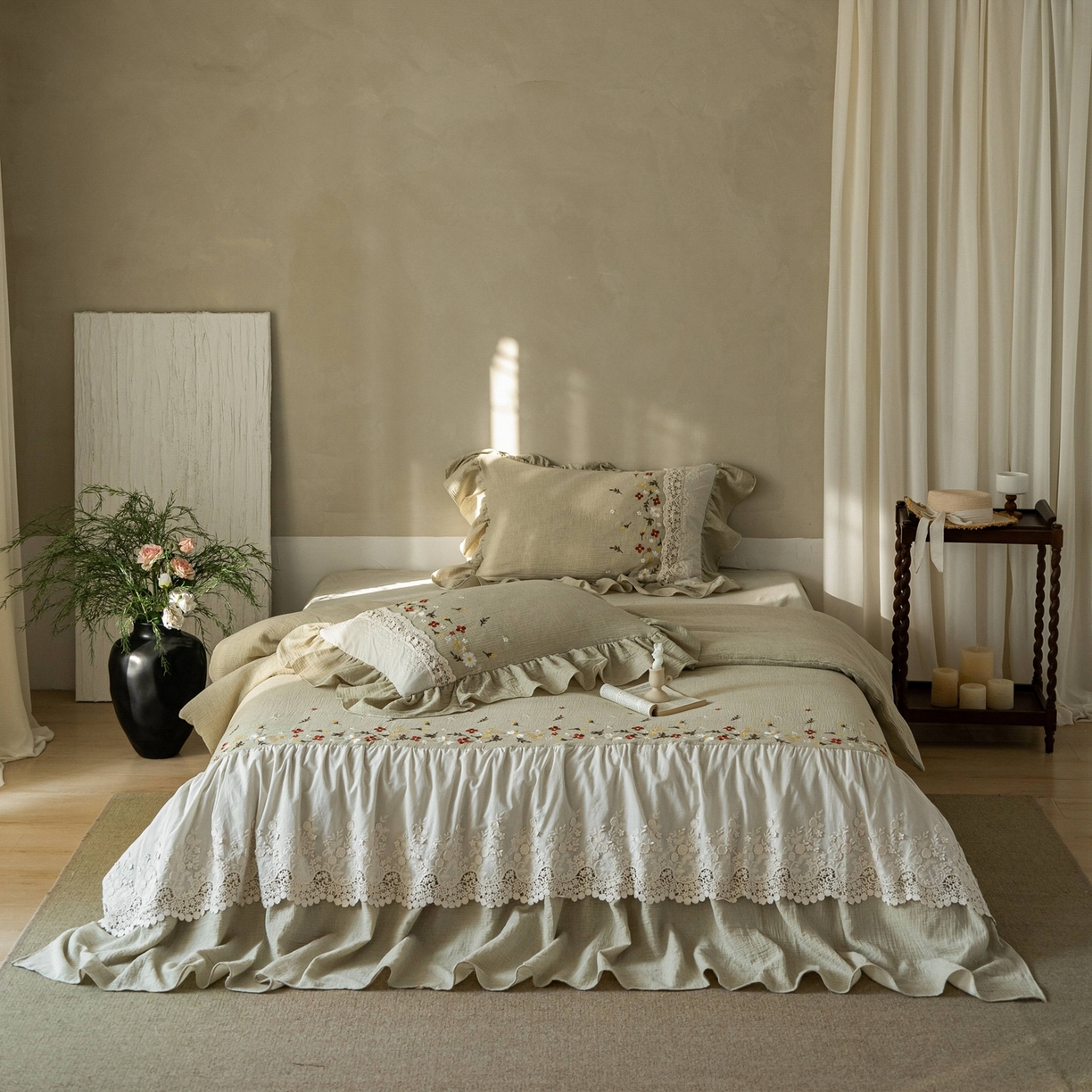 91家纺网 家纺一手货源 找家纺 觅糖家纺 2026春夏新款棉麻皱皱纱布毛巾绣四件套-清欢系列 清欢-绿