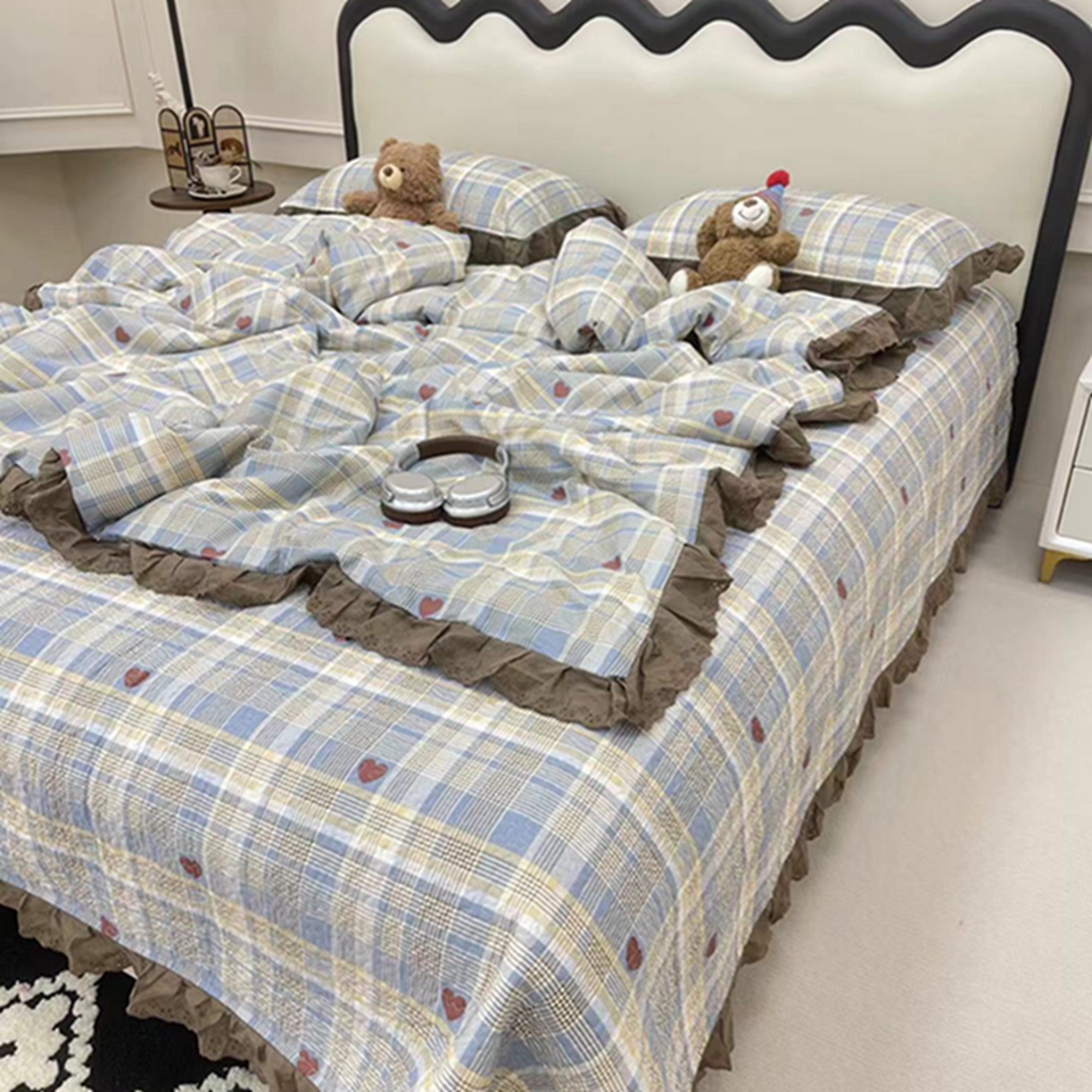 91家纺网 家纺一手货源 找家纺 禧瑞谷 2026新款法式纯棉床盖韩版花边床盖三件套四件套 格调蓝色