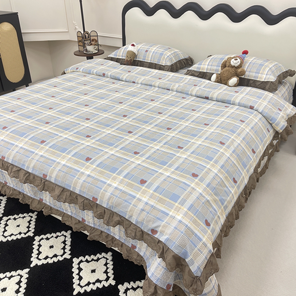 91家纺网 家纺一手货源 找家纺 禧瑞谷 2026新款法式纯棉床盖韩版花边床盖三件套四件套 格调蓝色