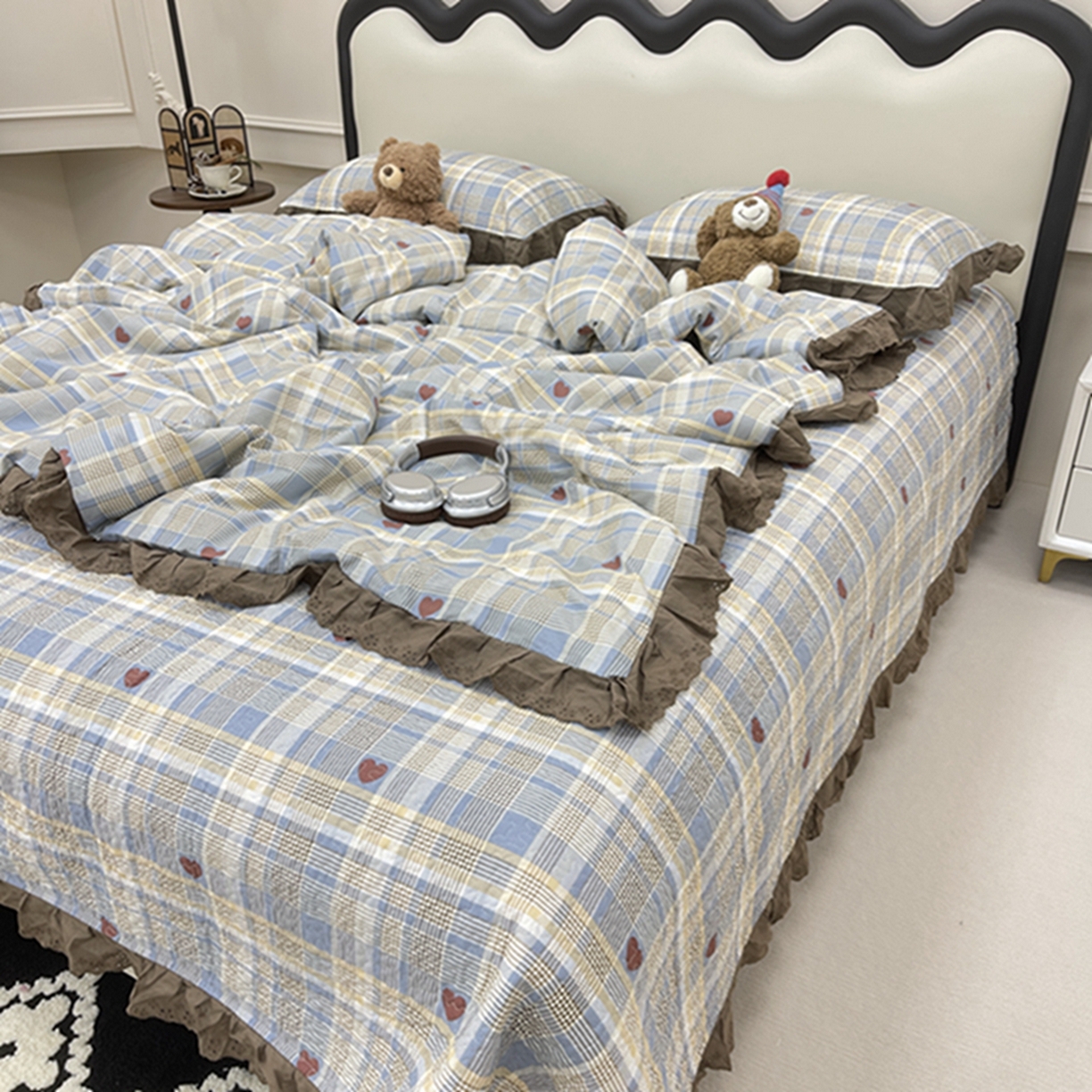 91家纺网 家纺一手货源 找家纺 禧瑞谷 2026新款法式纯棉床盖韩版花边床盖三件套四件套 格调蓝色