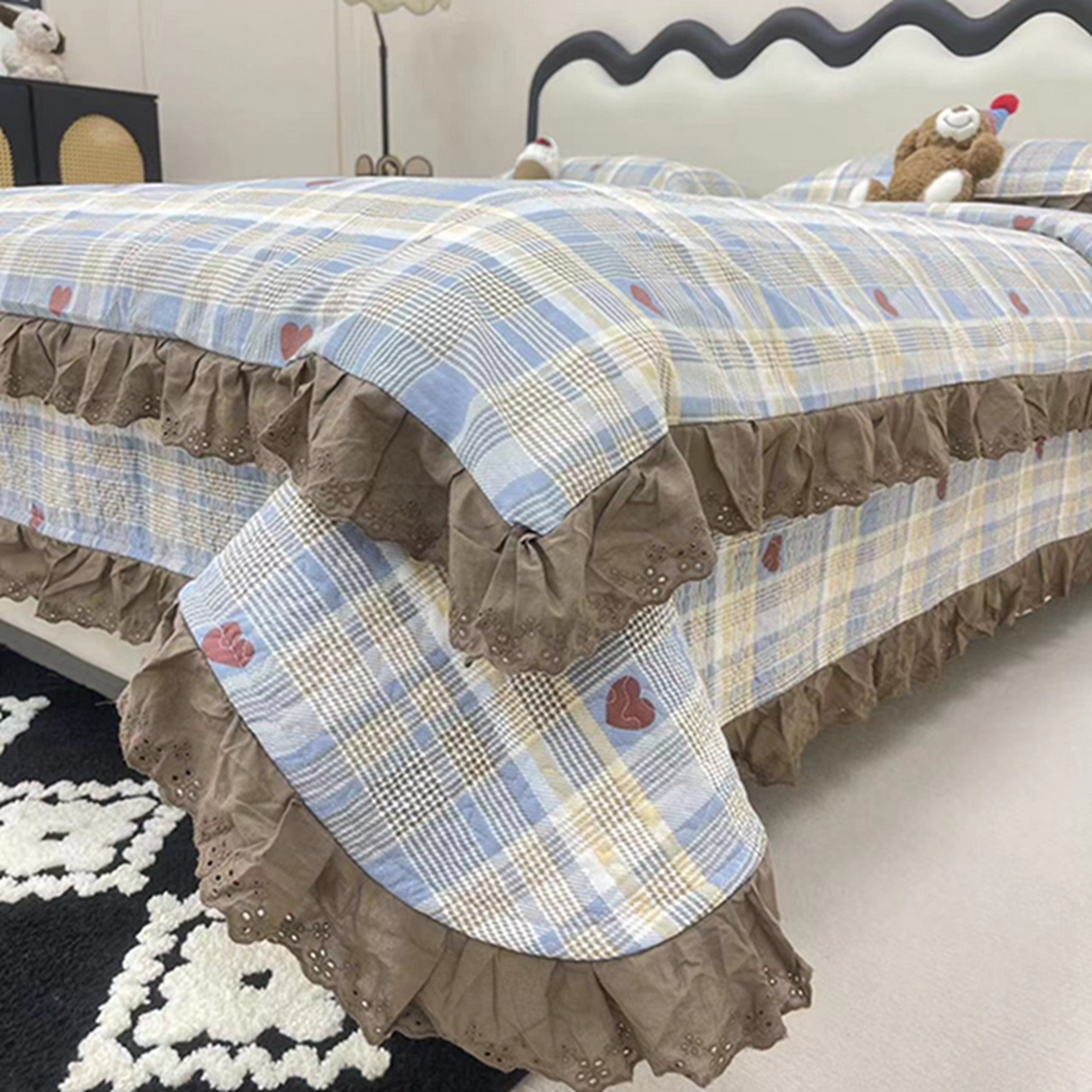 91家纺网 家纺一手货源 找家纺 禧瑞谷 2026新款法式纯棉床盖韩版花边床盖三件套四件套 格调蓝色