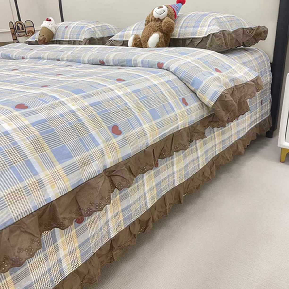 91家纺网 家纺一手货源 找家纺 禧瑞谷 2026新款法式纯棉床盖韩版花边床盖三件套四件套 格调蓝色