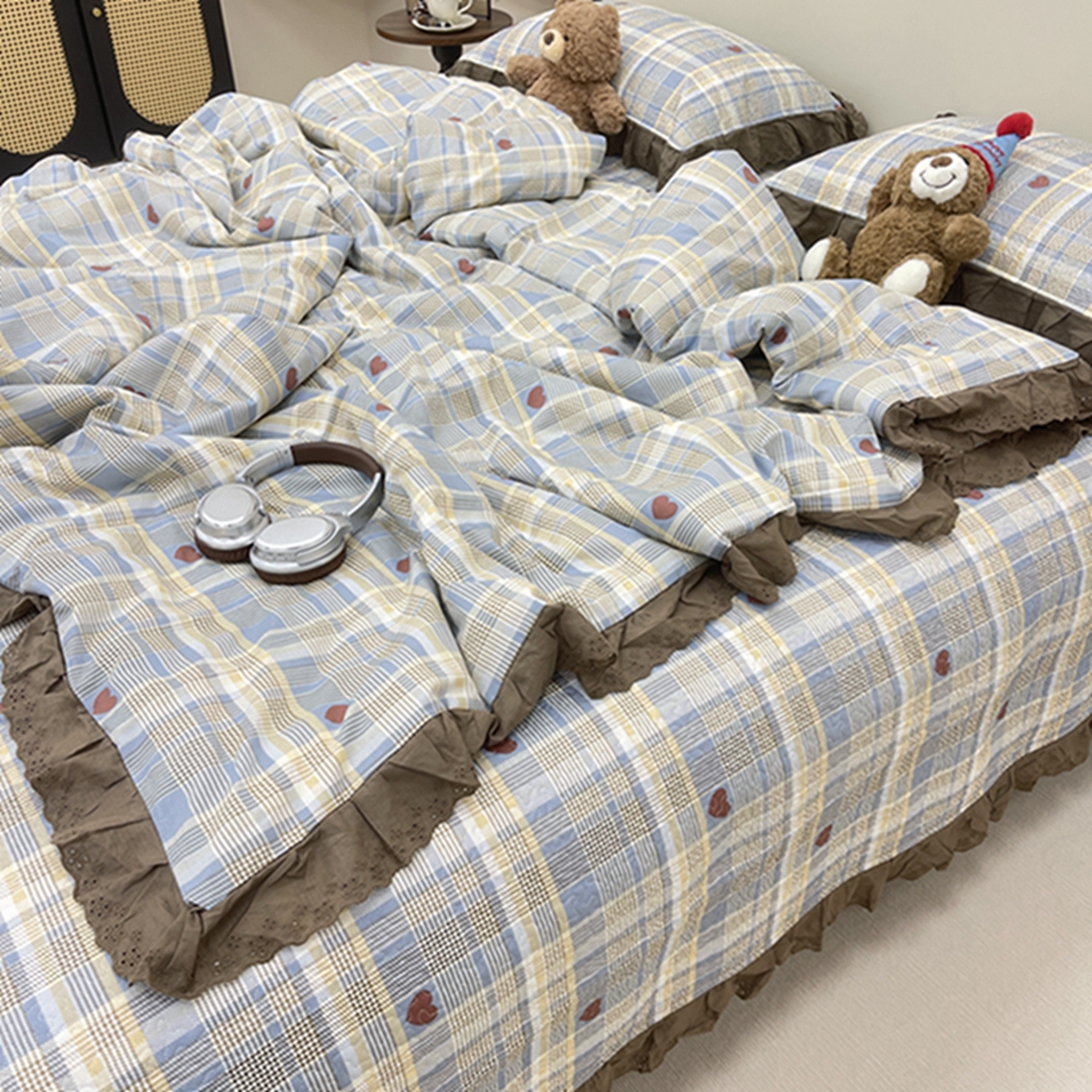 91家纺网 家纺一手货源 找家纺 禧瑞谷 2026新款法式纯棉床盖韩版花边床盖三件套四件套 格调蓝色