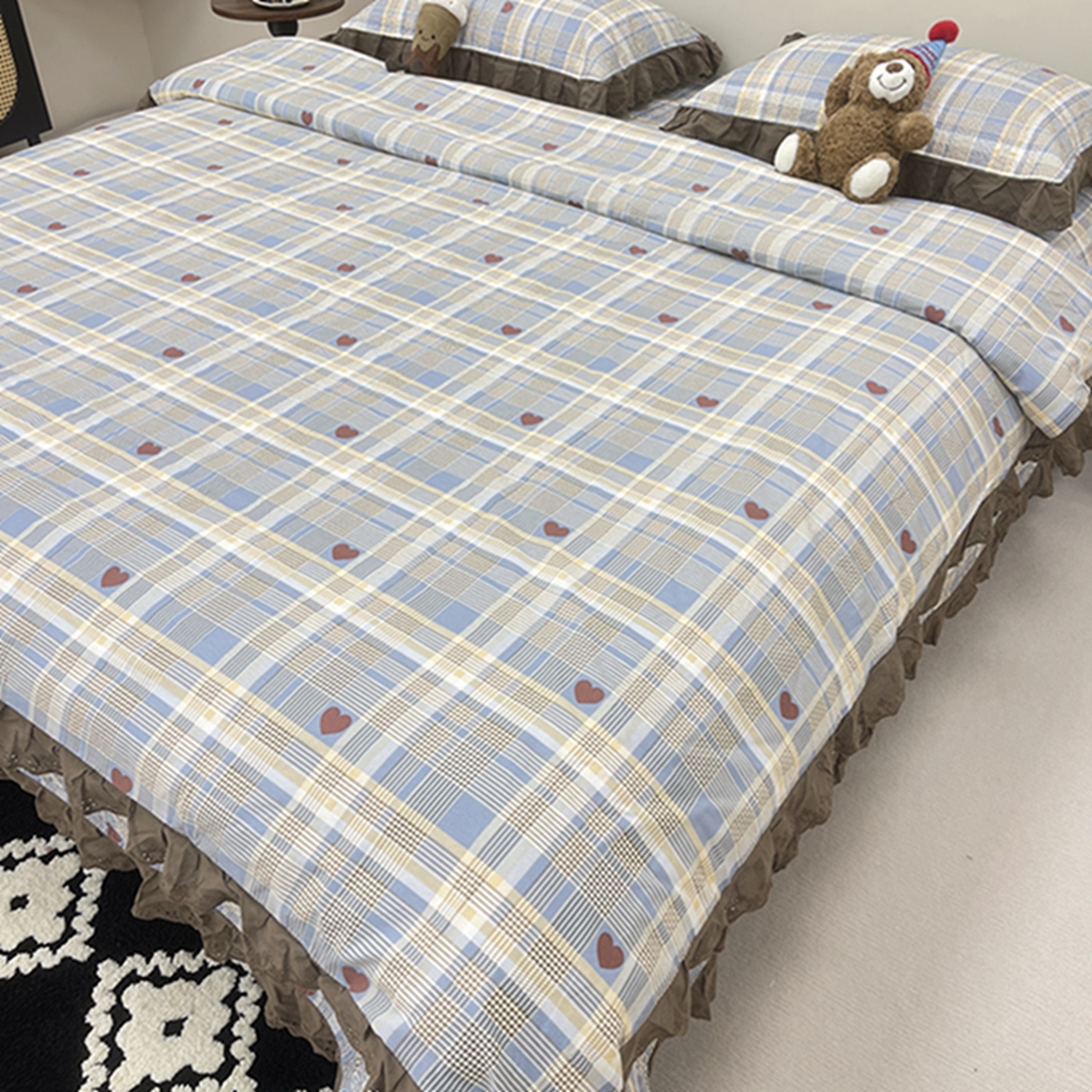 91家纺网 家纺一手货源 找家纺 禧瑞谷 2026新款法式纯棉床盖韩版花边床盖三件套四件套 格调蓝色