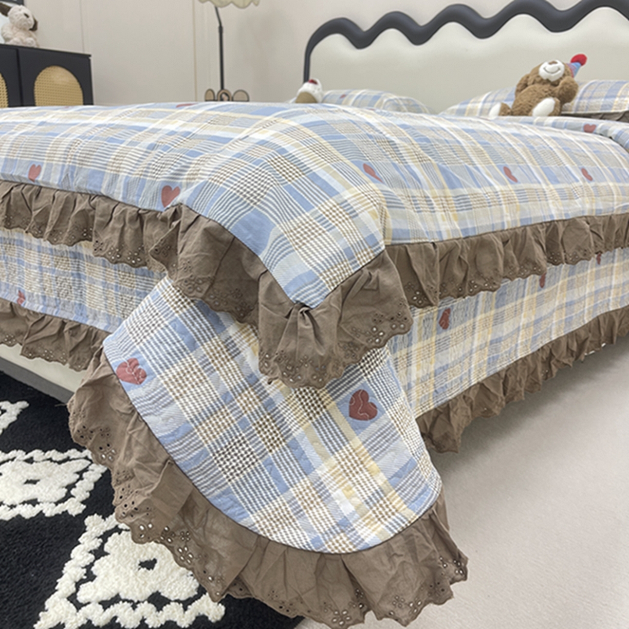 91家纺网 家纺一手货源 找家纺 禧瑞谷 2026新款法式纯棉床盖韩版花边床盖三件套四件套 格调蓝色