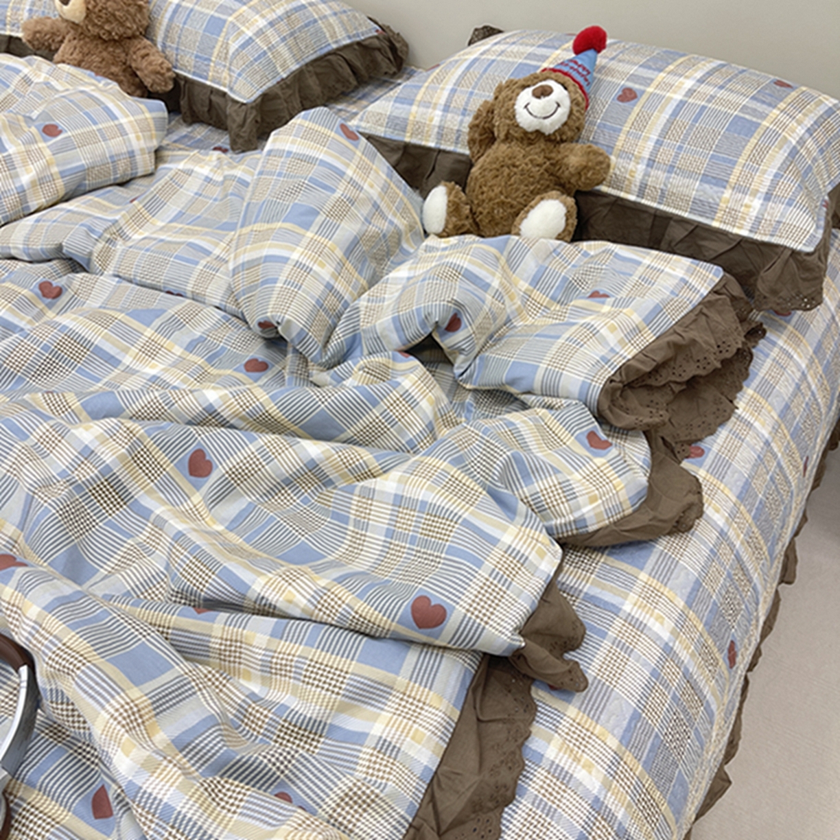 91家纺网 家纺一手货源 找家纺 禧瑞谷 2026新款法式纯棉床盖韩版花边床盖三件套四件套 格调蓝色