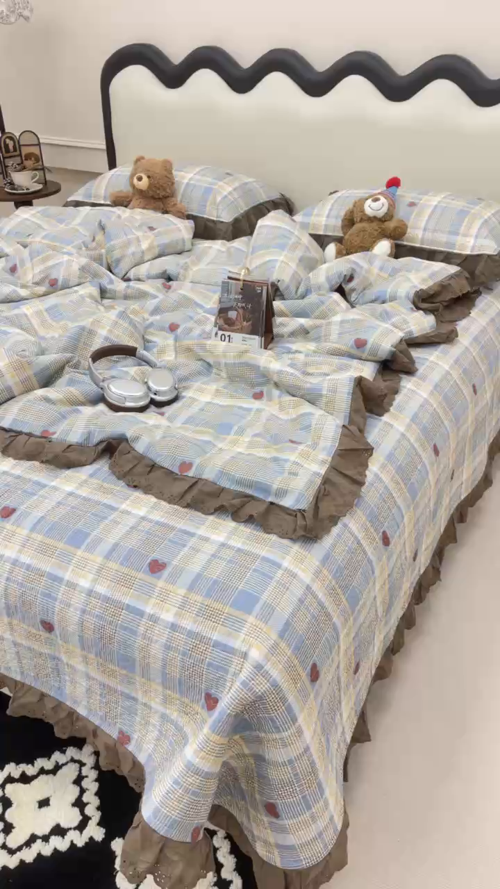 91家纺网 家纺一手货源 找家纺 禧瑞谷 2026新款法式纯棉床盖韩版花边床盖三件套四件套 格调蓝色