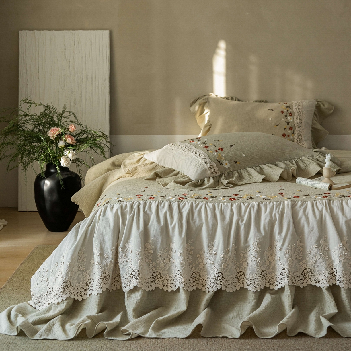 91家纺网 家纺一手货源 找家纺 （总）觅糖家纺 2026春夏新款棉麻皱皱纱布毛巾绣四件套-清欢系列