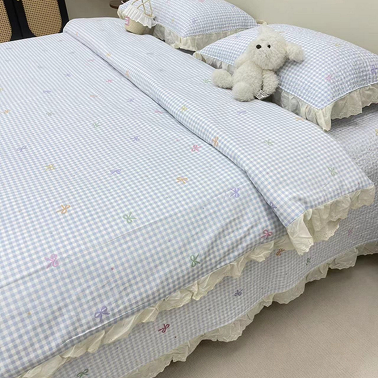 91家纺网 家纺一手货源 找家纺 禧瑞谷 2026新款法式纯棉床盖韩版花边床盖三件套四件套 格子蝴蝶结蓝色