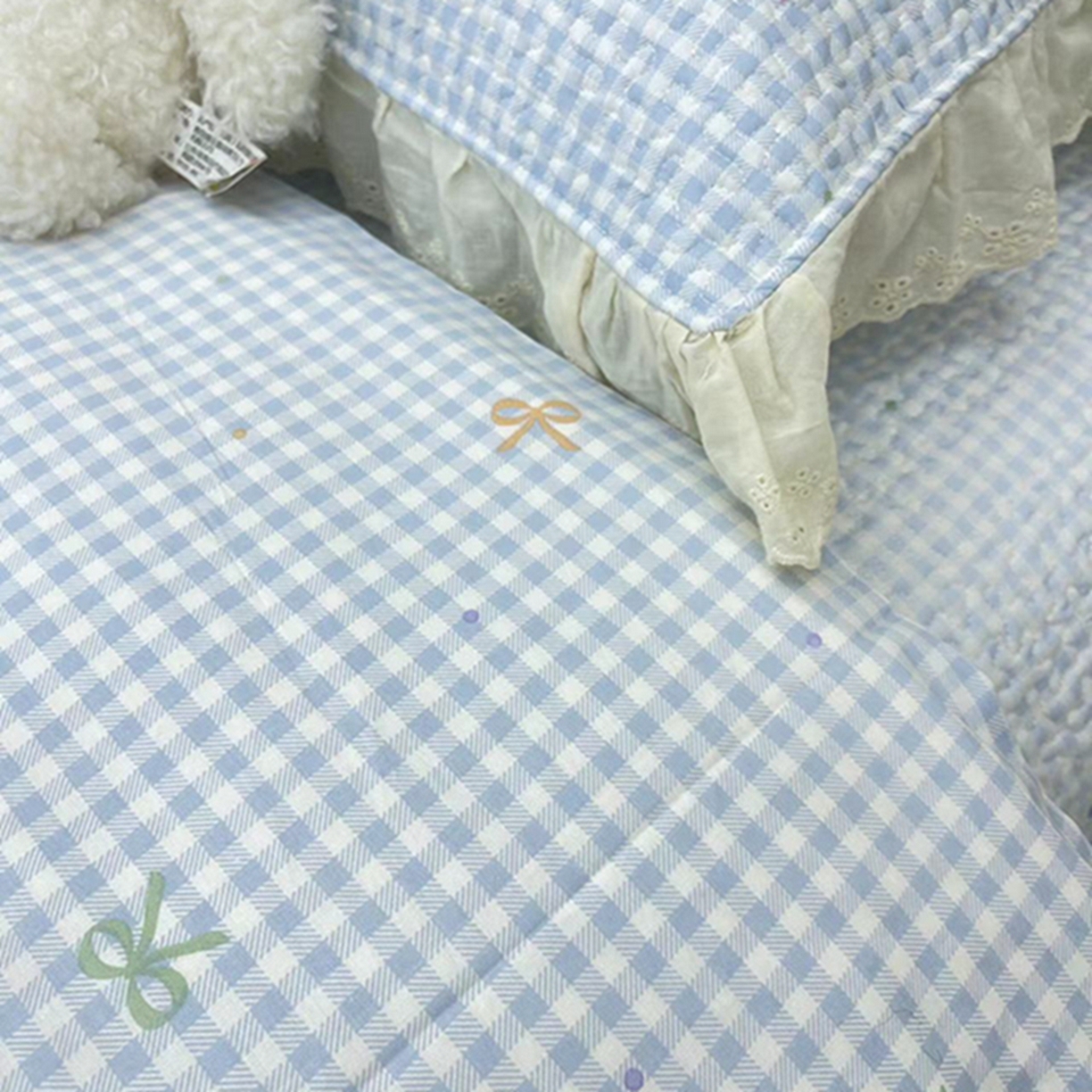91家纺网 家纺一手货源 找家纺 禧瑞谷 2026新款法式纯棉床盖韩版花边床盖三件套四件套 格子蝴蝶结蓝色