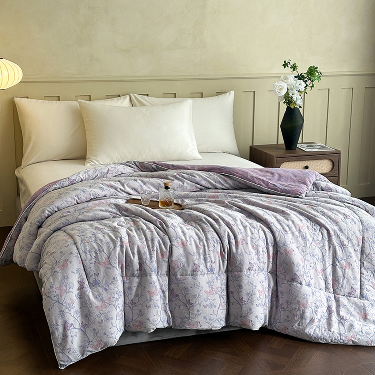 91家纺网 家纺一手货源 找家纺 睡棉坊 2026新款全棉色织提花双层纱夏被夏凉被空调被 蝶结缘