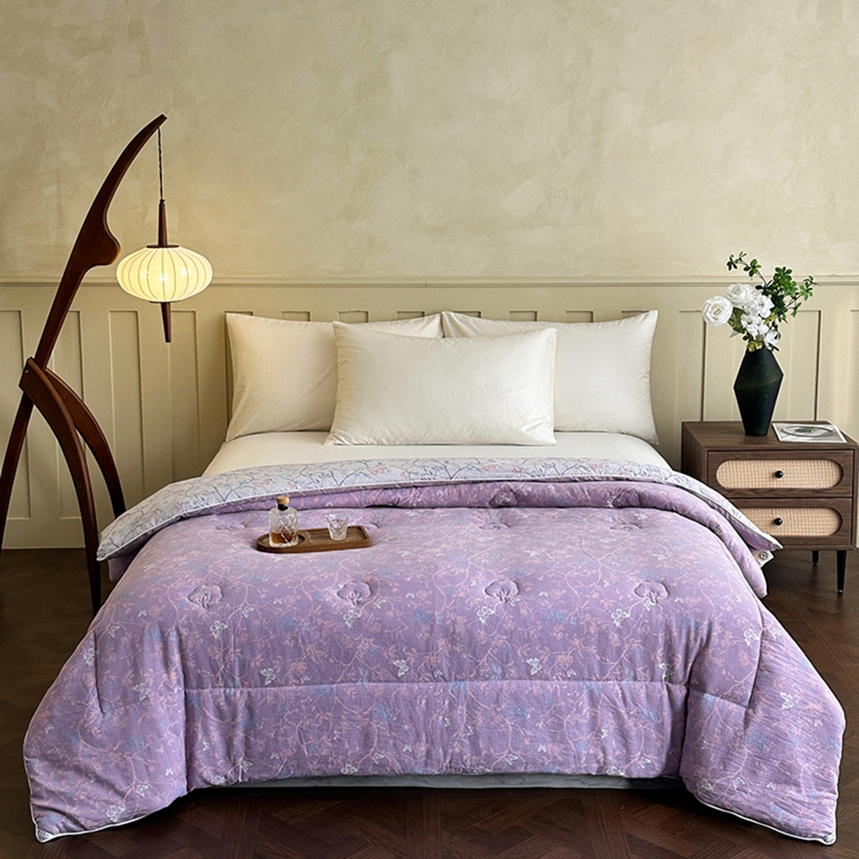 91家纺网 家纺一手货源 找家纺 睡棉坊 2026新款全棉色织提花双层纱夏被夏凉被空调被 蝶结缘