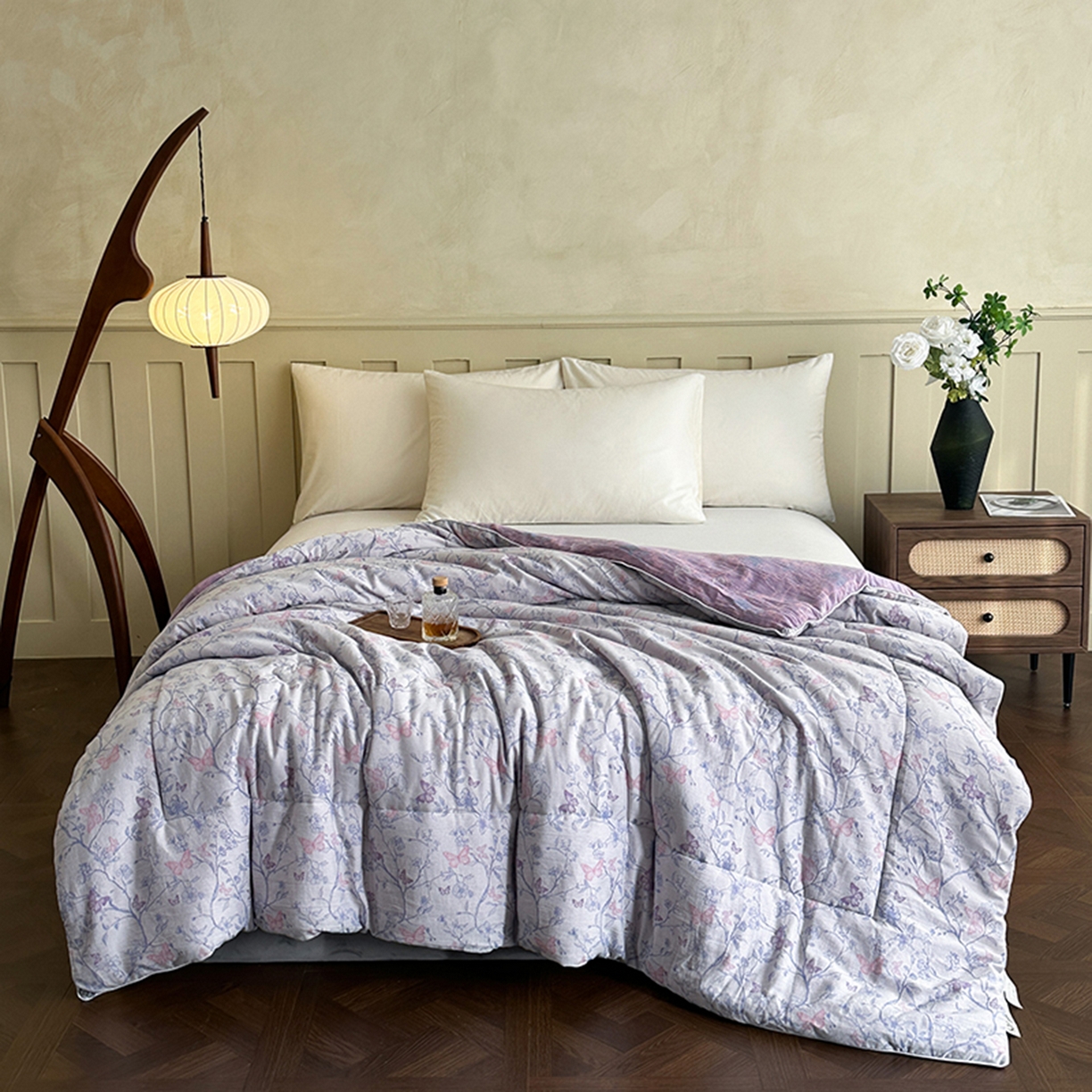 91家纺网 家纺一手货源 找家纺 睡棉坊 2026新款全棉色织提花双层纱夏被夏凉被空调被 蝶结缘