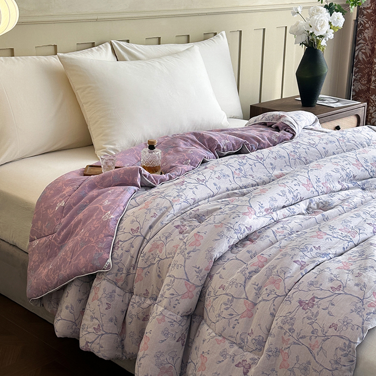 91家纺网 家纺一手货源 找家纺 睡棉坊 2026新款全棉色织提花双层纱夏被夏凉被空调被 蝶结缘