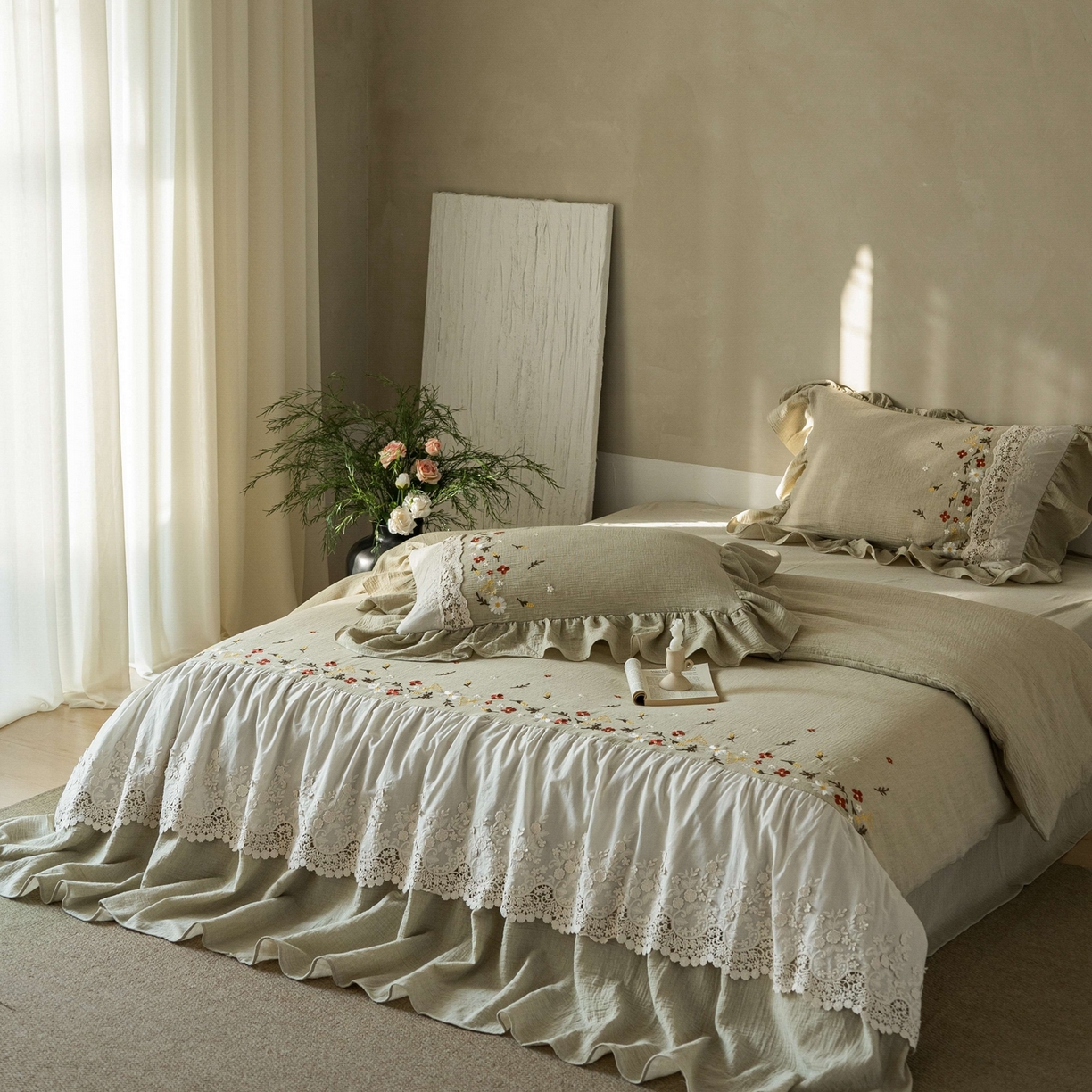 91家纺网 家纺一手货源 找家纺 觅糖家纺 2026春夏新款棉麻皱皱纱布毛巾绣四件套-清欢系列 清欢-绿