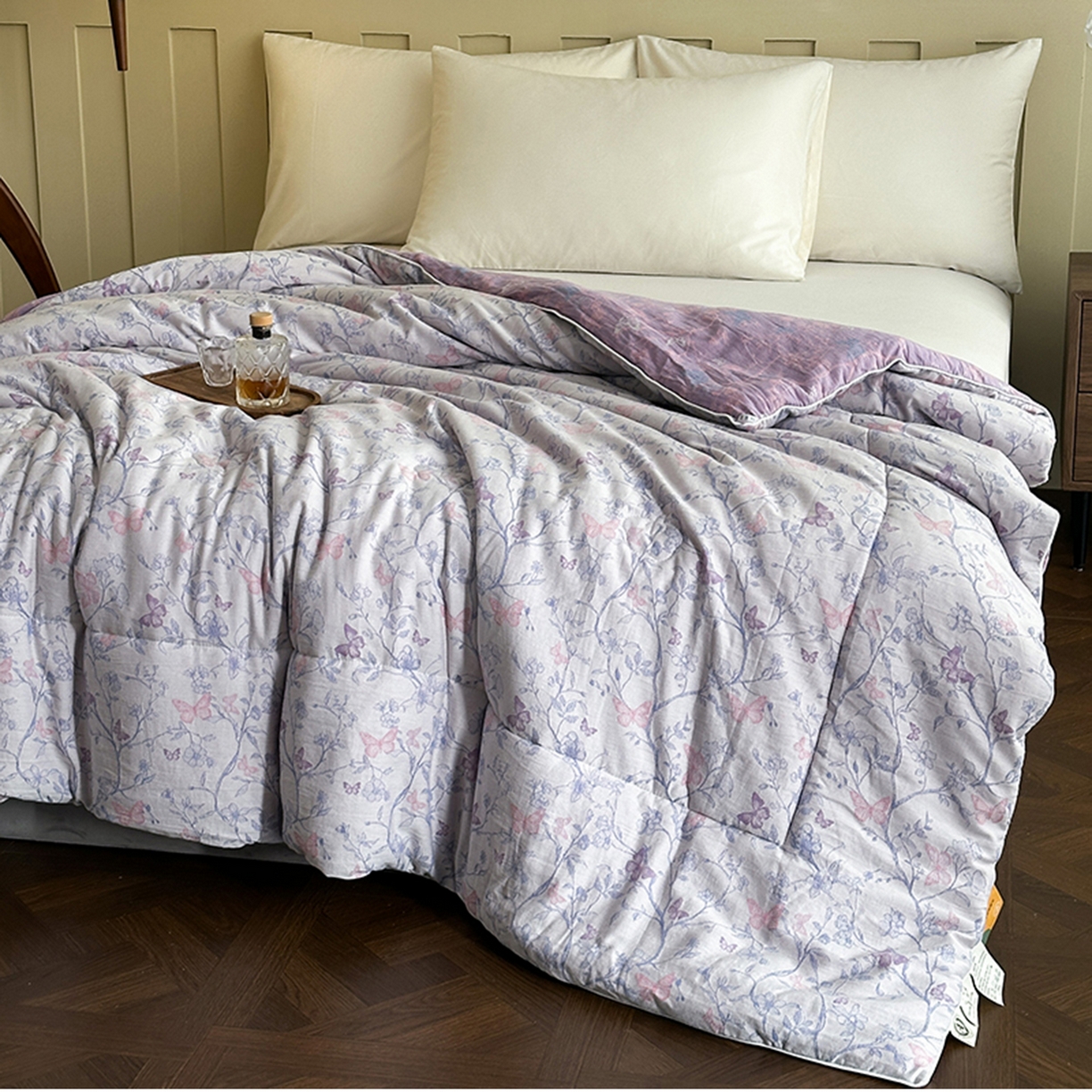 91家纺网 家纺一手货源 找家纺 睡棉坊 2026新款全棉色织提花双层纱夏被夏凉被空调被 蝶结缘