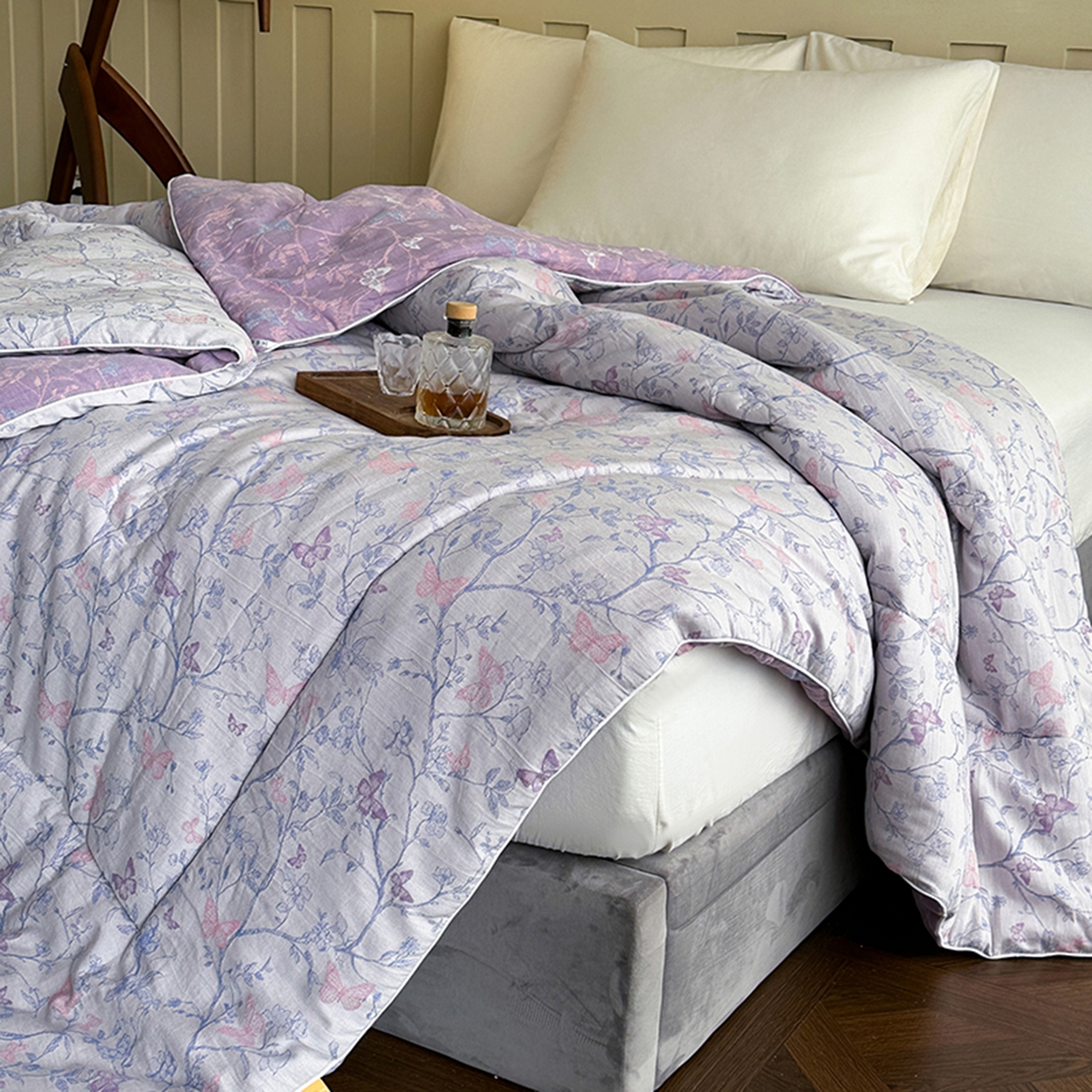 91家纺网 家纺一手货源 找家纺 睡棉坊 2026新款全棉色织提花双层纱夏被夏凉被空调被 蝶结缘