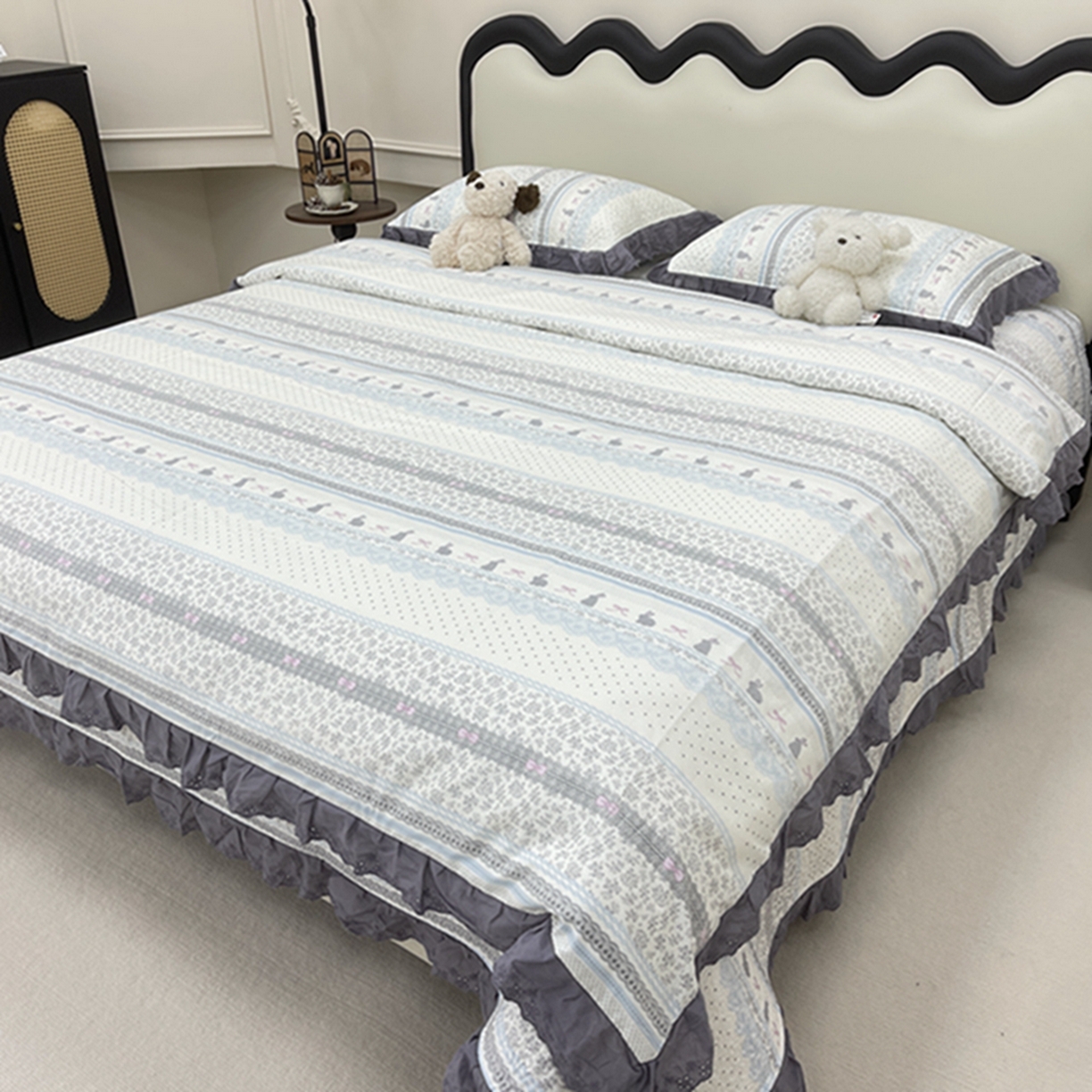 禧瑞谷 2026新款法式纯棉床盖韩版花边床盖三件套四件套 海盐兔