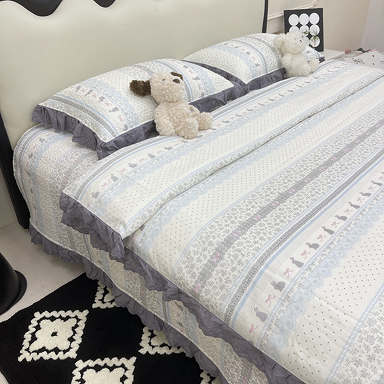 91家纺网 家纺一手货源 找家纺 禧瑞谷 2026新款法式纯棉床盖韩版花边床盖三件套四件套 海盐兔