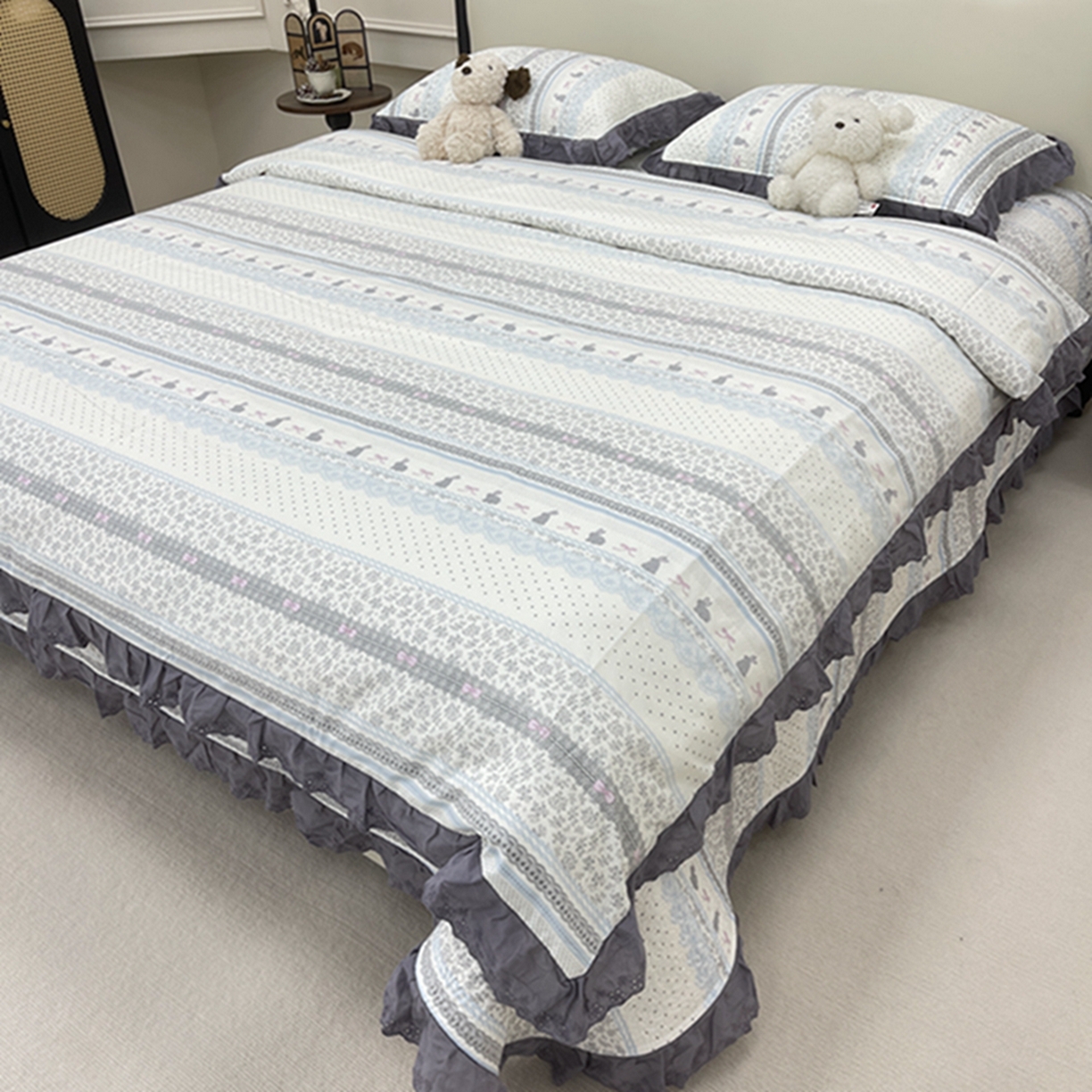 91家纺网 家纺一手货源 找家纺 禧瑞谷 2026新款法式纯棉床盖韩版花边床盖三件套四件套 海盐兔