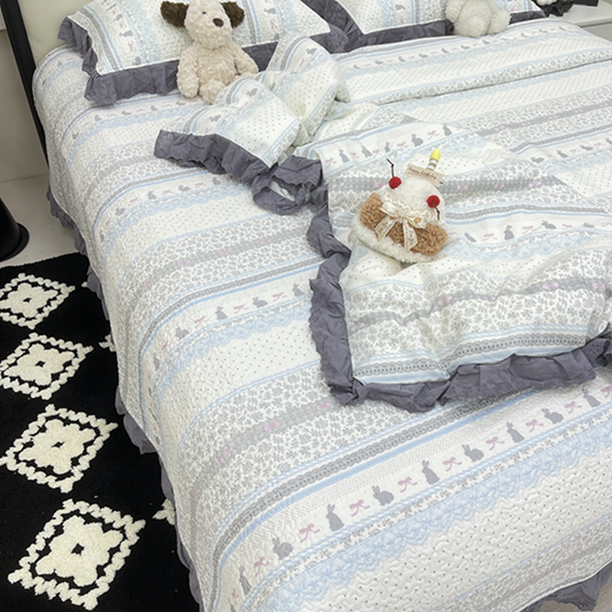 91家纺网 家纺一手货源 找家纺 禧瑞谷 2026新款法式纯棉床盖韩版花边床盖三件套四件套 海盐兔