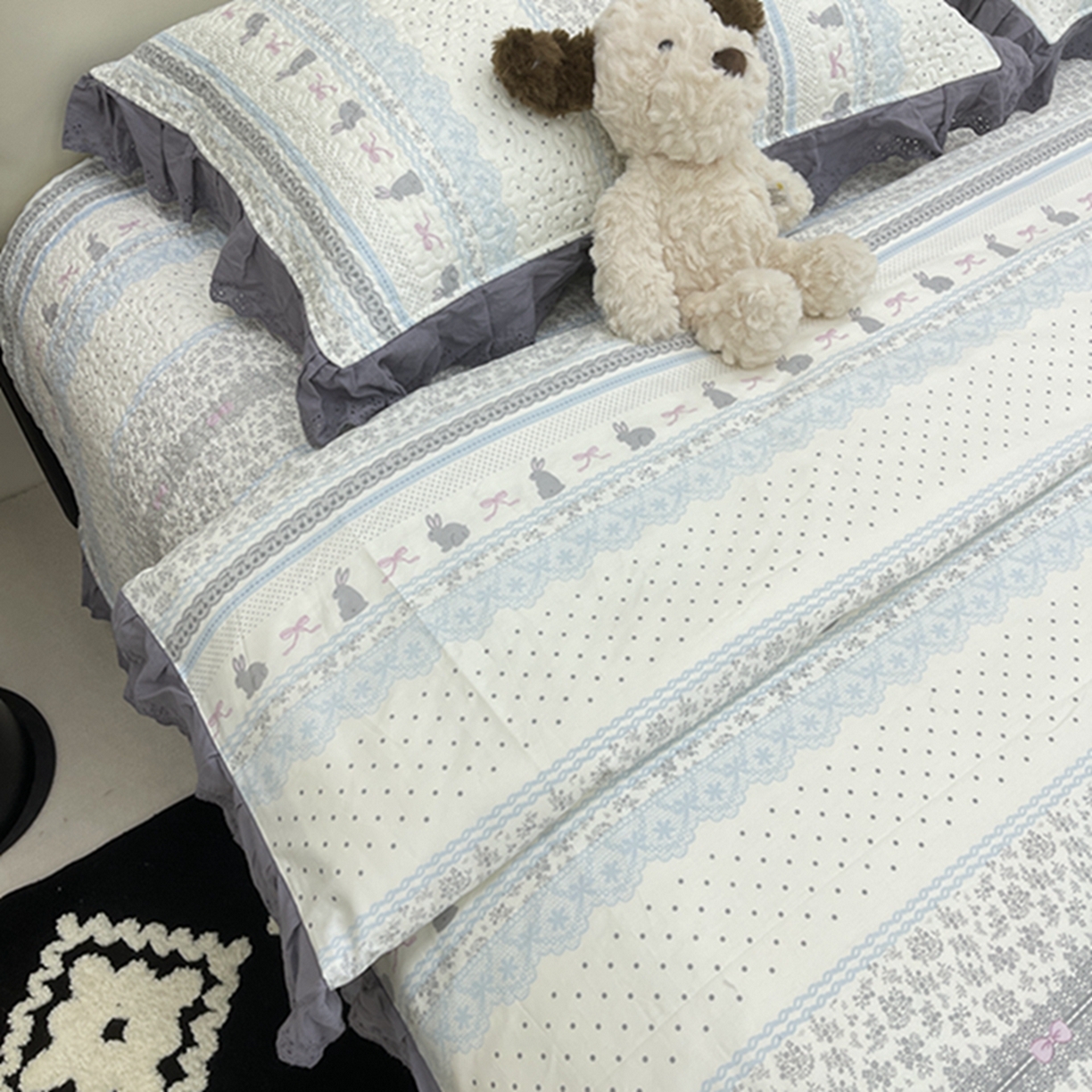 91家纺网 家纺一手货源 找家纺 禧瑞谷 2026新款法式纯棉床盖韩版花边床盖三件套四件套 海盐兔