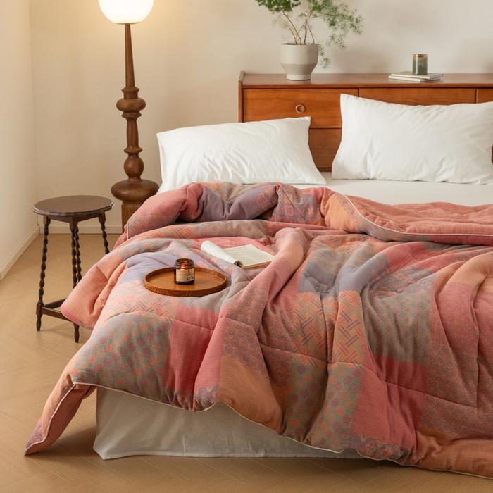 91家纺网 家纺一手货源 找家纺 睡棉坊 2026新款全棉色织提花双层纱夏被夏凉被空调被 百纳