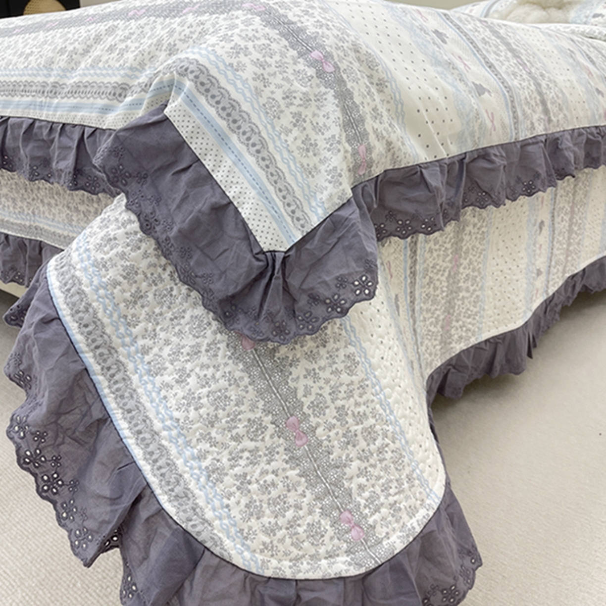 91家纺网 家纺一手货源 找家纺 禧瑞谷 2026新款法式纯棉床盖韩版花边床盖三件套四件套 海盐兔