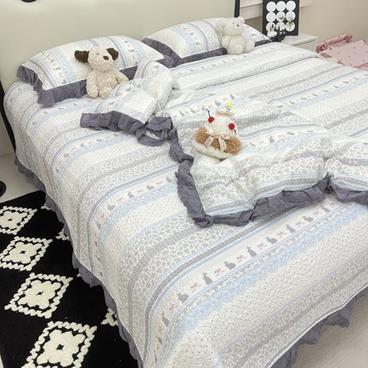 91家纺网 家纺一手货源 找家纺 禧瑞谷 2026新款法式纯棉床盖韩版花边床盖三件套四件套 海盐兔